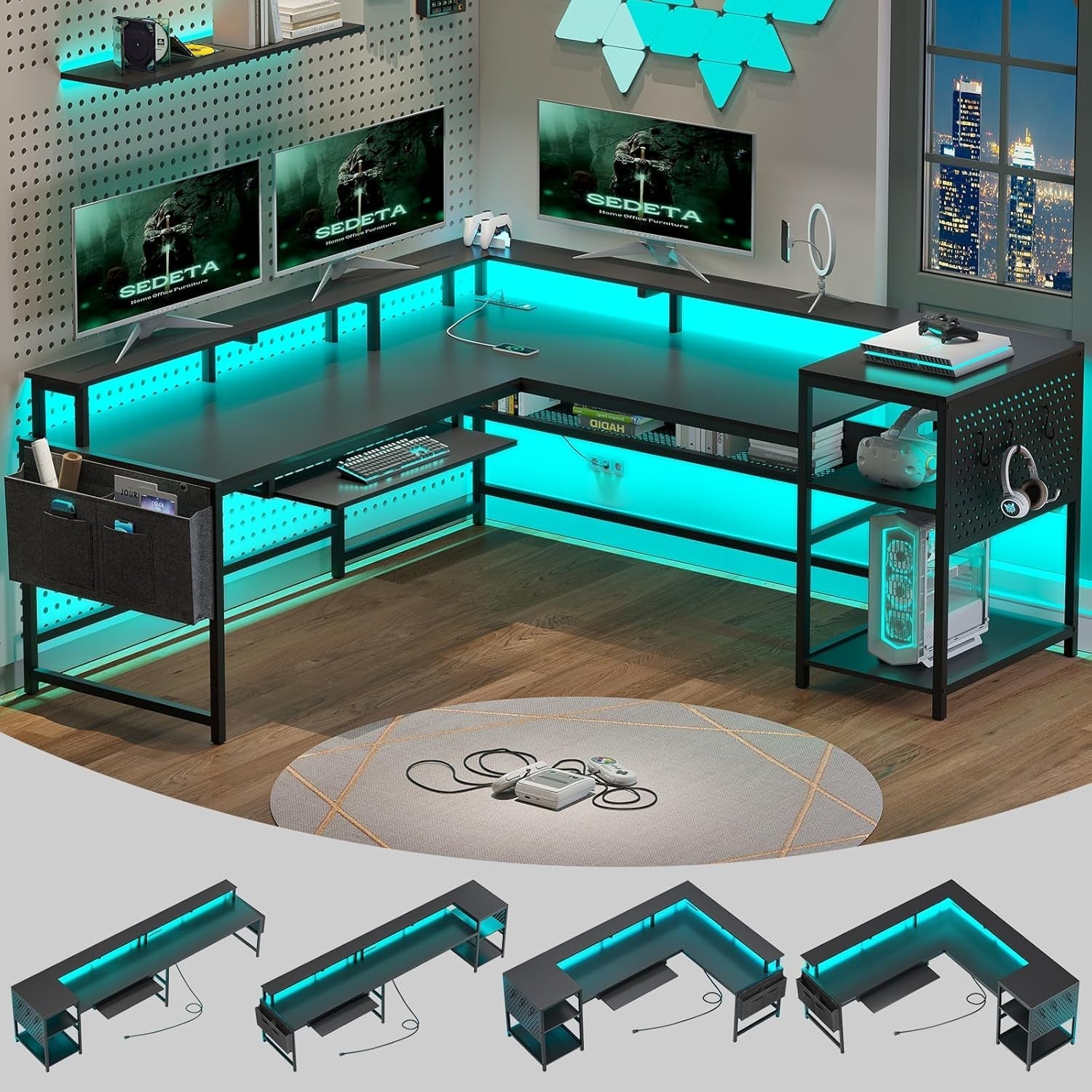 L Shaped Gaming Desk with LED Strip and Storage Shelves-0