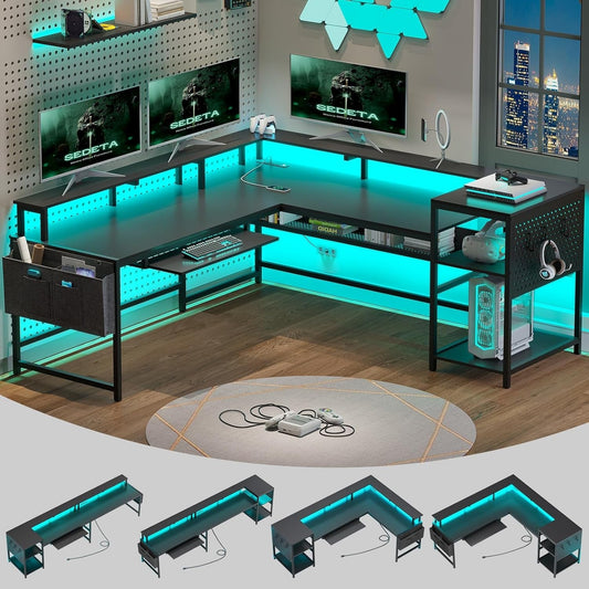 L Shaped Gaming Desk with LED Strip and Storage Shelves-0