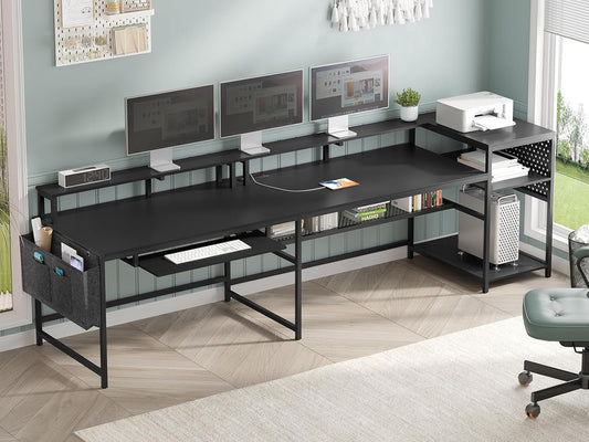 L Shaped Gaming Desk with LED Strip and Storage Shelves-1