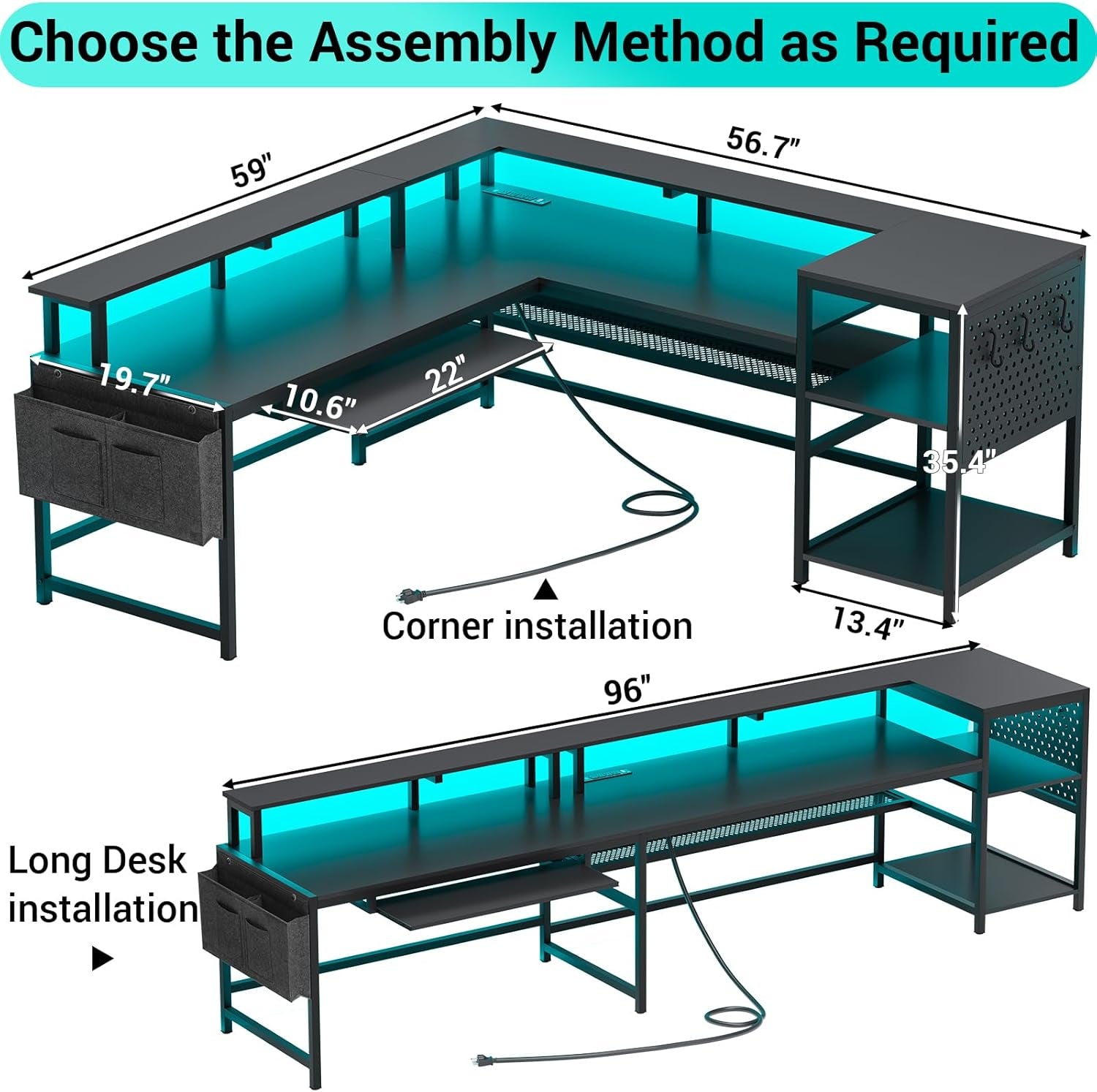 L Shaped Gaming Desk with LED Strip and Storage Shelves-2