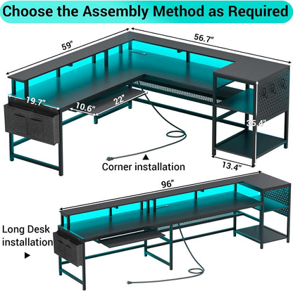 L Shaped Gaming Desk with LED Strip and Storage Shelves-2