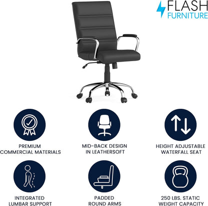 Whitney Mid-Back Swivel Leathersoft Desk Chair with Padded Seat and Armrests, Adjustable Height Padded Office Chair, Black-3