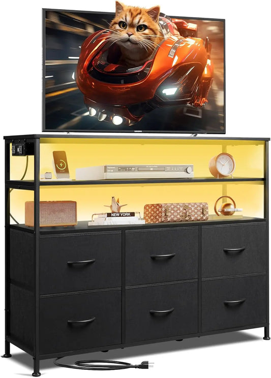 Led Dresser TV Stand for Bedroom, Entertainment Center with LED Lights and Power Outlet, 6 Drawer Drawer Dressers with Double Open Shelves, Black TV Stands-0