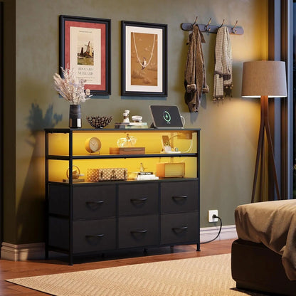 Led Dresser TV Stand for Bedroom, Entertainment Center with LED Lights and Power Outlet, 6 Drawer Drawer Dressers with Double Open Shelves, Black TV Stands-1