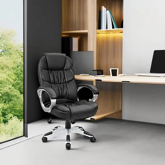 Office Chair High Back Computer Desk Chair, PU Leather Adjustable Height Modern Executive Swivel Task Chair with Padded Armrests and Lumbar Support (Black)-1