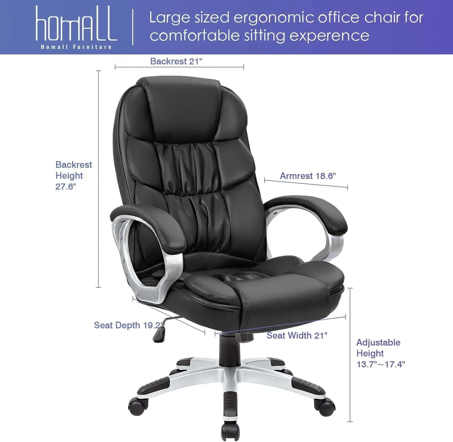Office Chair High Back Computer Desk Chair, PU Leather Adjustable Height Modern Executive Swivel Task Chair with Padded Armrests and Lumbar Support (Black)-2