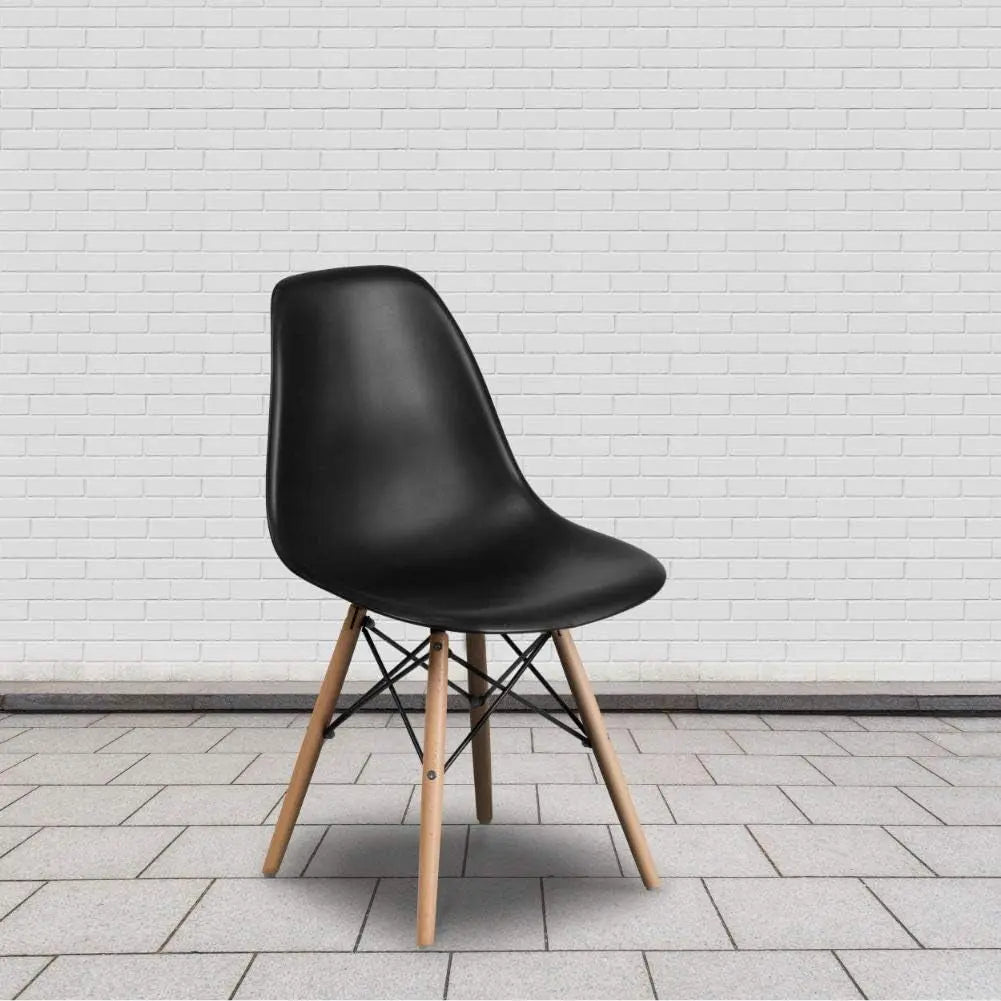 Elon Series Plastic Modern Dining Chair with Wooden Legs, Mid-Century Side Chair for Dining Rooms and Offices, Black-1