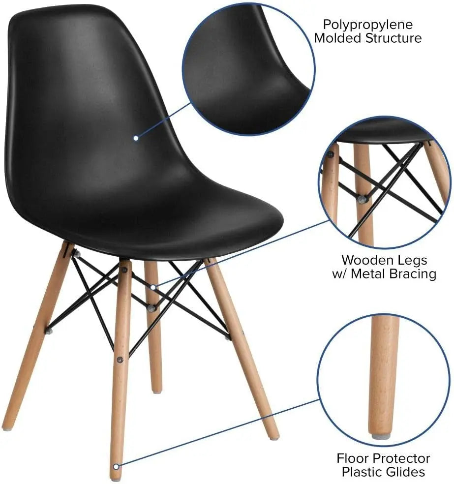Elon Series Plastic Modern Dining Chair with Wooden Legs, Mid-Century Side Chair for Dining Rooms and Offices, Black-3