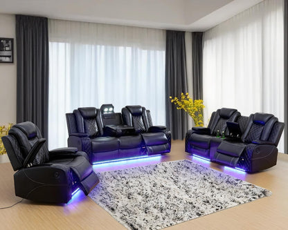 Leather Power Recliner Sofa Set with LED, Living Room Furniture Set, Leather Sofa Set with USB Port Storage Console Cup Holder (Power Reclining Sofa Set, Black)-0