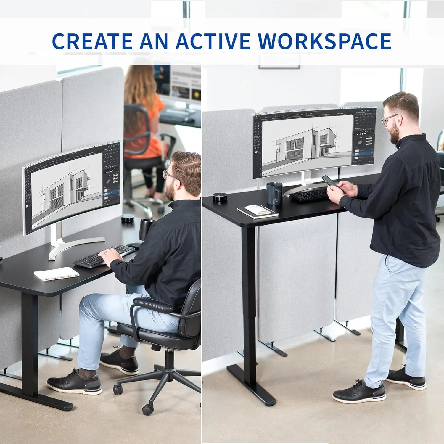 60-Inch Electric Height Adjustable 60 X 24 Inch Stand up Desk, Black Solid One-Piece Table Top, White Frame, Home & Office Furniture Sets, B0 Series, DESK-KIT-W06B-4