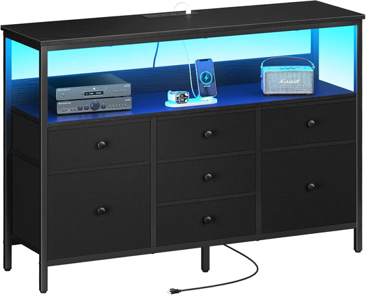 TV Stand Dresser for Bedroom, 7 Fabric Drawers Entertainment Center, LED Dressers with Power Outlets, TV Stands for Living Room with Storage Shelf, TV Console Entertainment Stand up to 50" TV-0