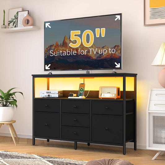 TV Stand Dresser for Bedroom, 7 Fabric Drawers Entertainment Center, LED Dressers with Power Outlets, TV Stands for Living Room with Storage Shelf, TV Console Entertainment Stand up to 50" TV-1