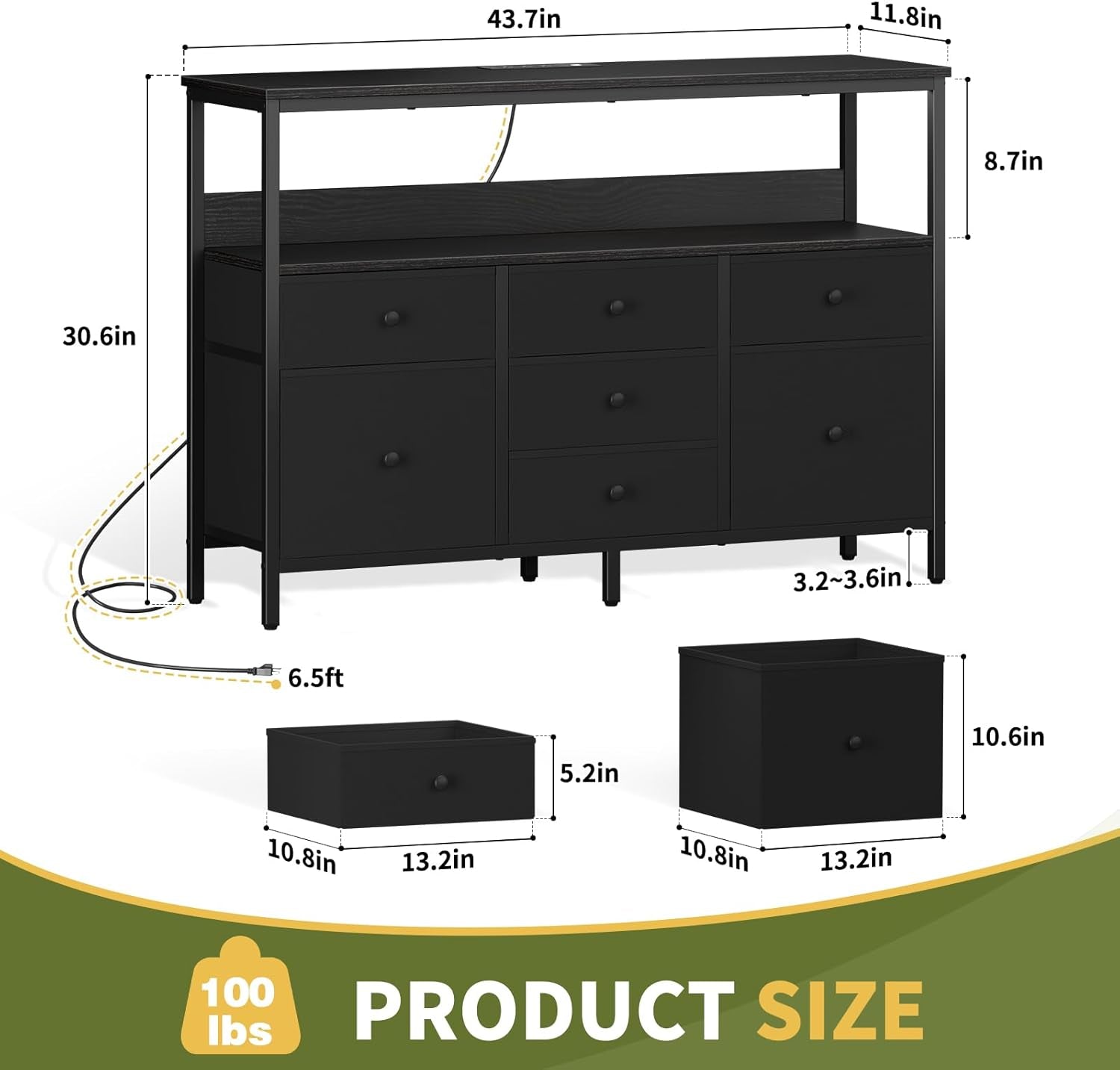 TV Stand Dresser for Bedroom, 7 Fabric Drawers Entertainment Center, LED Dressers with Power Outlets, TV Stands for Living Room with Storage Shelf, TV Console Entertainment Stand up to 50" TV-2