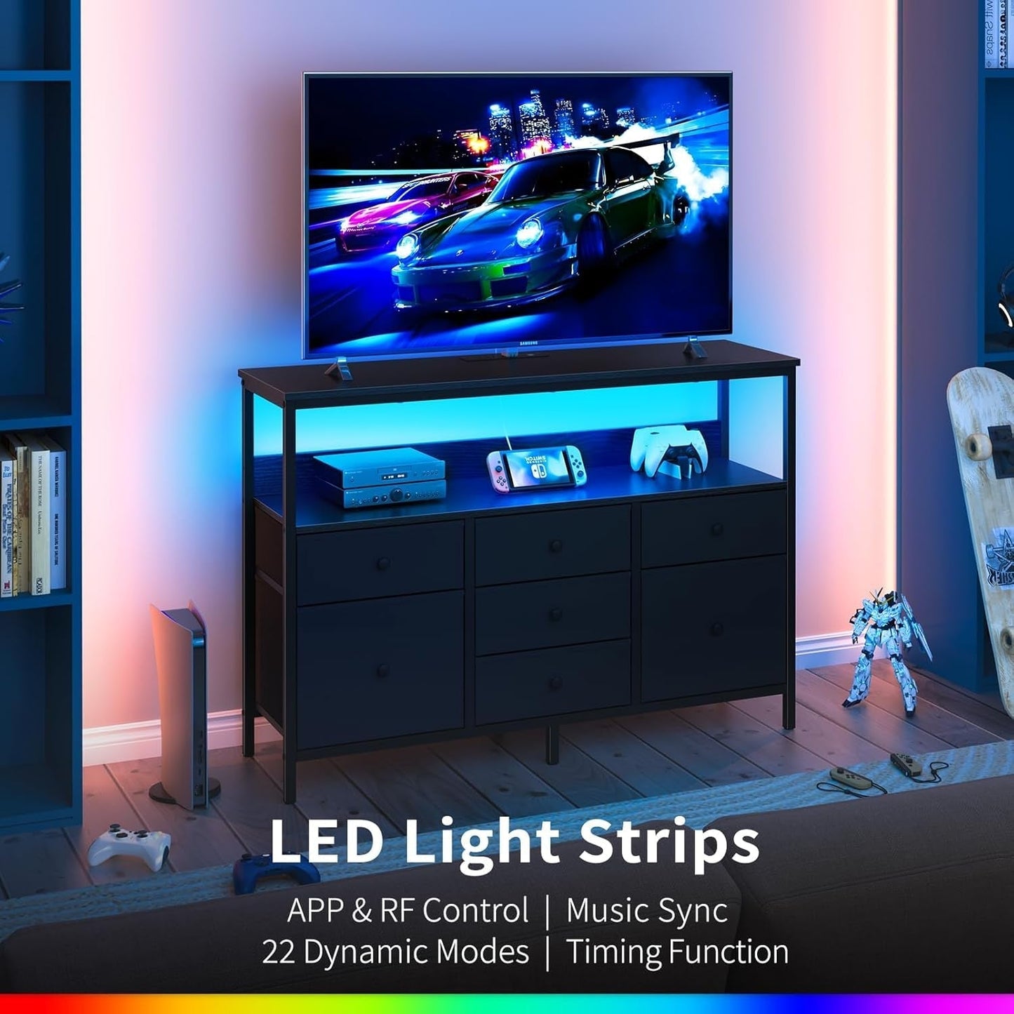 TV Stand Dresser for Bedroom, 7 Fabric Drawers Entertainment Center, LED Dressers with Power Outlets, TV Stands for Living Room with Storage Shelf, TV Console Entertainment Stand up to 50" TV-3
