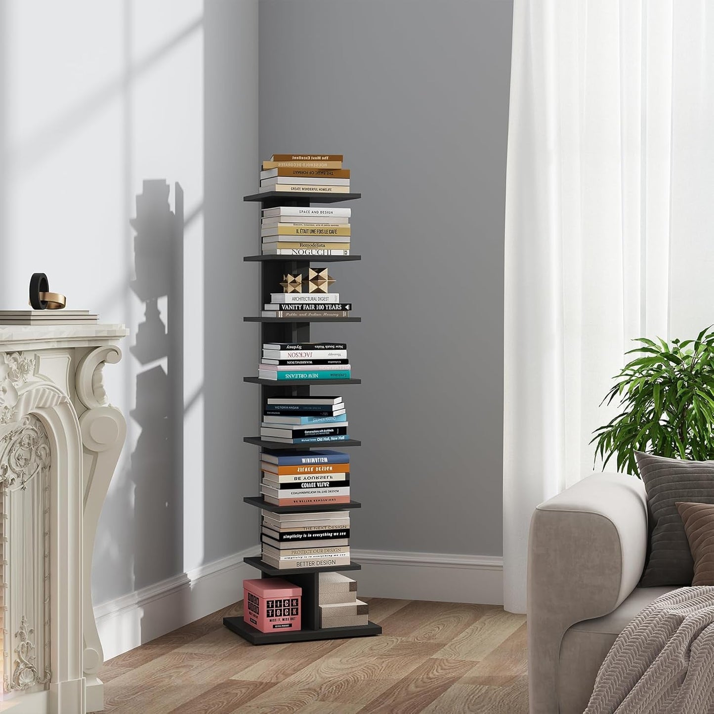 Vertical Bookshelf, 8-Tier Bookcase, Narrow Spine Book Shelf for Small Space, Corner Standing Shelf for Living Room, Office, Study, Entryway, Black BS06BK008-0