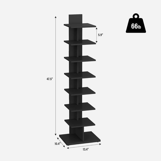 Vertical Bookshelf, 8-Tier Bookcase, Narrow Spine Book Shelf for Small Space, Corner Standing Shelf for Living Room, Office, Study, Entryway, Black BS06BK008-1