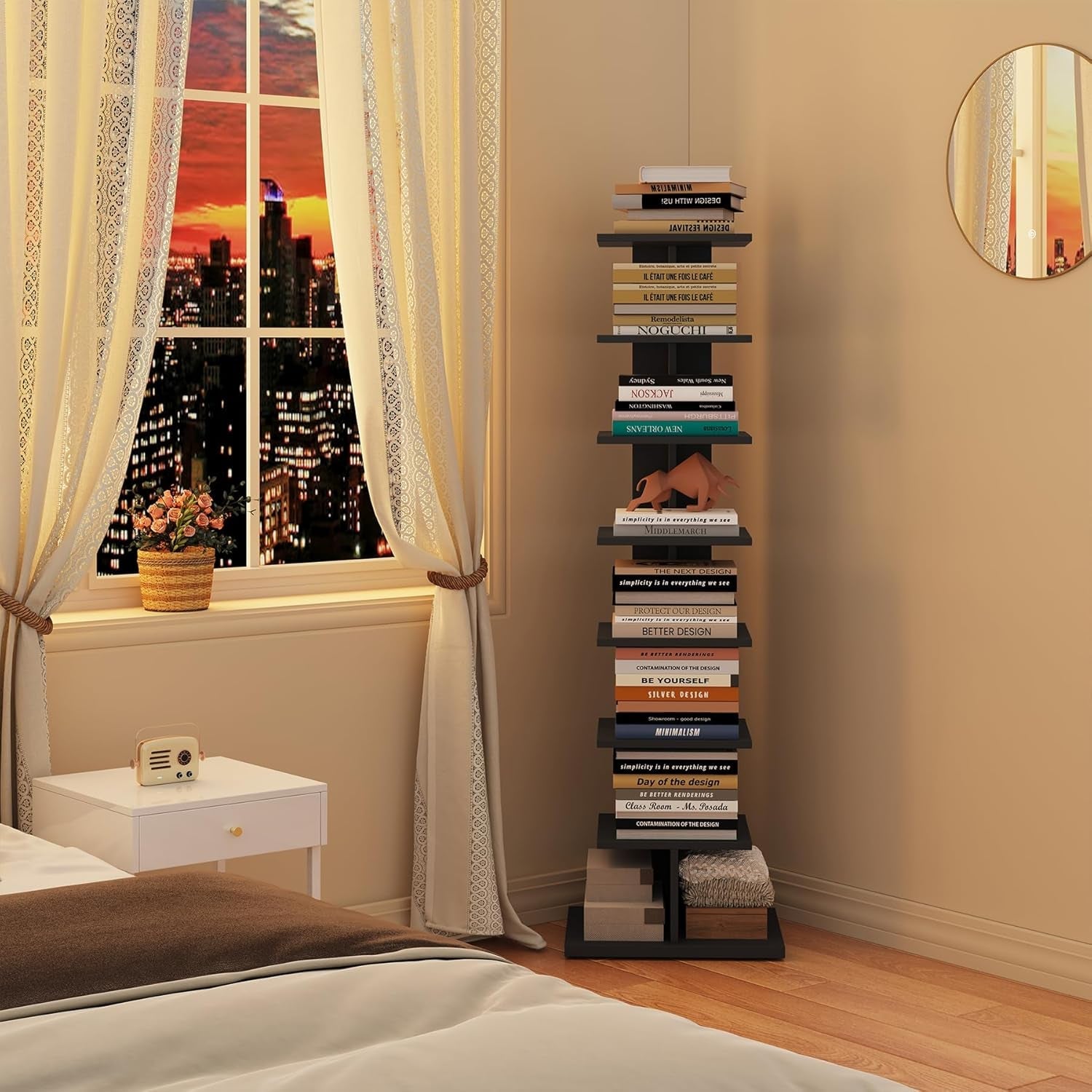 Vertical Bookshelf, 8-Tier Bookcase, Narrow Spine Book Shelf for Small Space, Corner Standing Shelf for Living Room, Office, Study, Entryway, Black BS06BK008-2