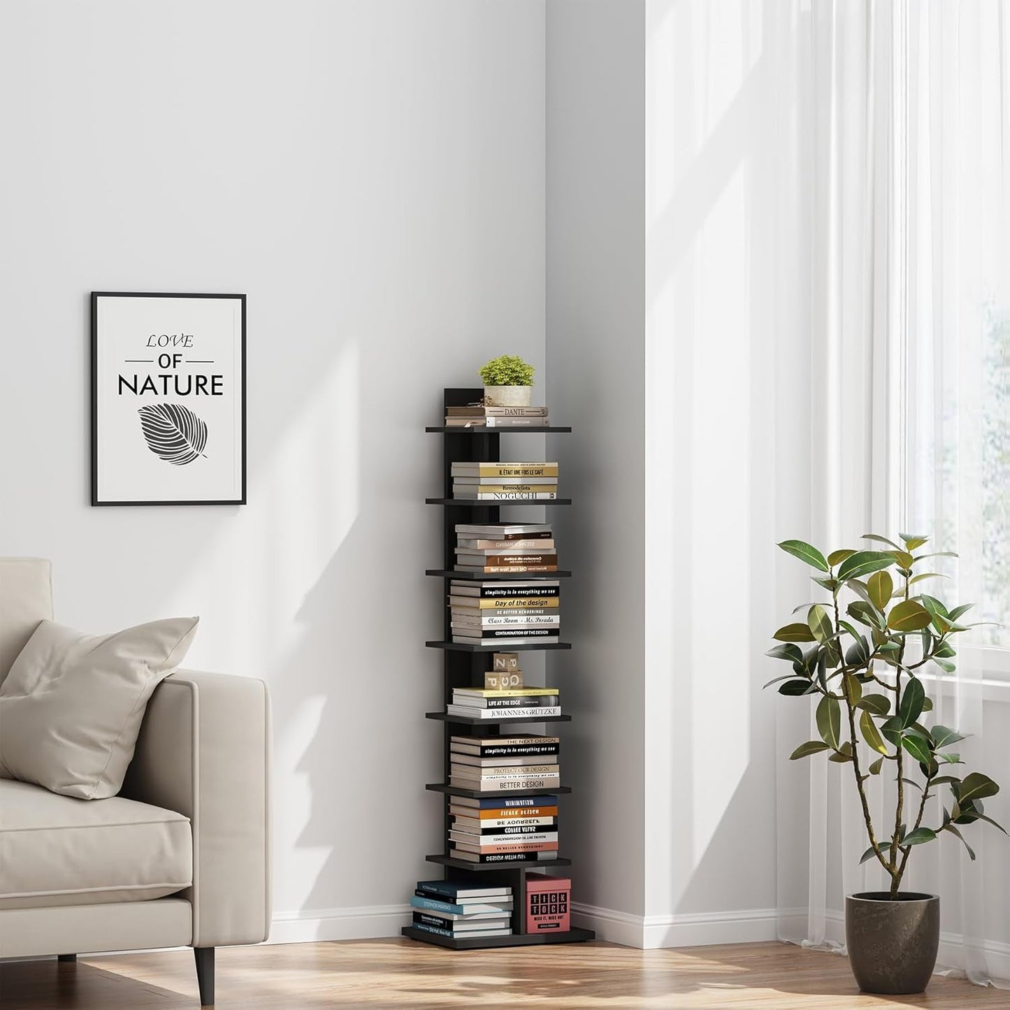 Vertical Bookshelf, 8-Tier Bookcase, Narrow Spine Book Shelf for Small Space, Corner Standing Shelf for Living Room, Office, Study, Entryway, Black BS06BK008-3