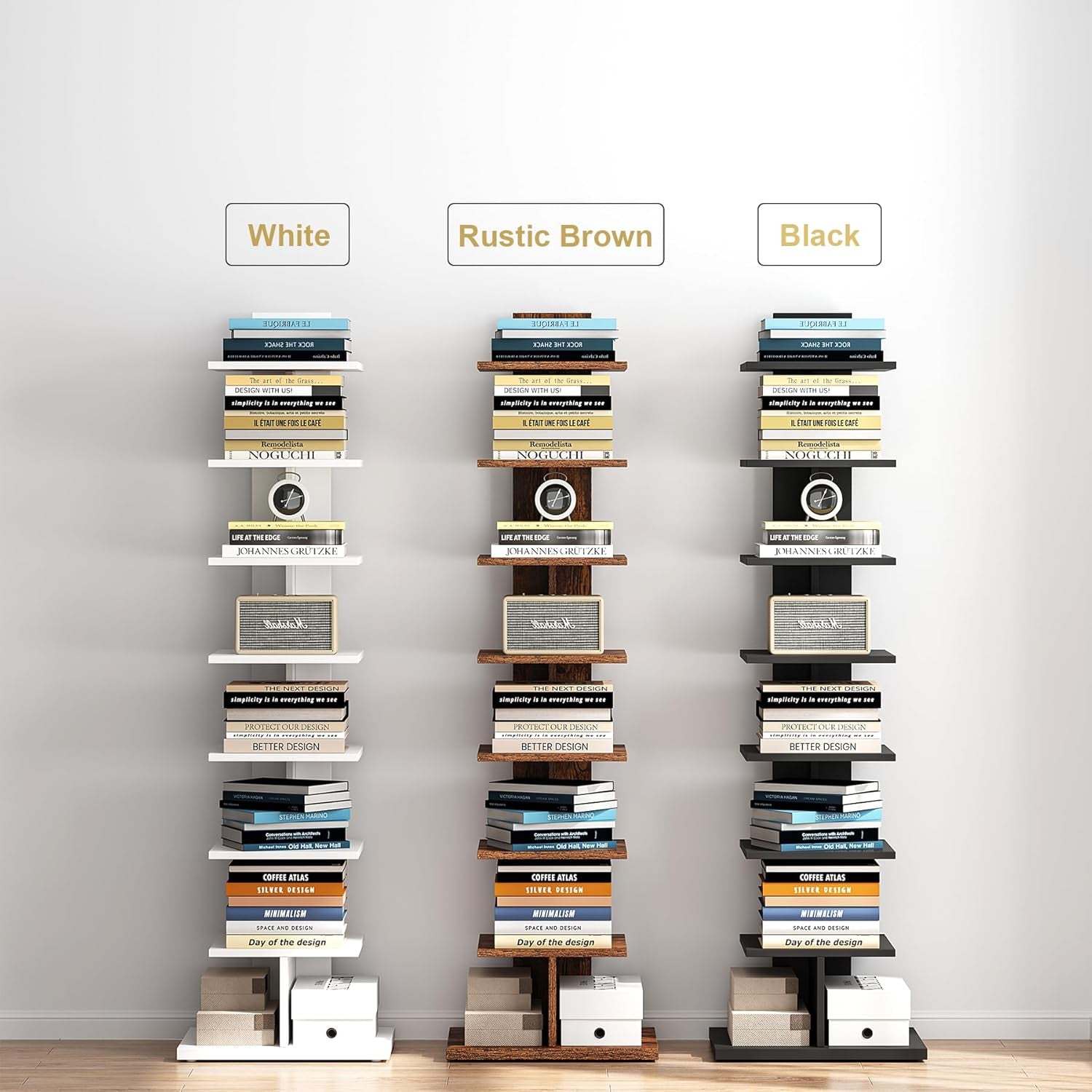 Vertical Bookshelf, 8-Tier Bookcase, Narrow Spine Book Shelf for Small Space, Corner Standing Shelf for Living Room, Office, Study, Entryway, Black BS06BK008-4