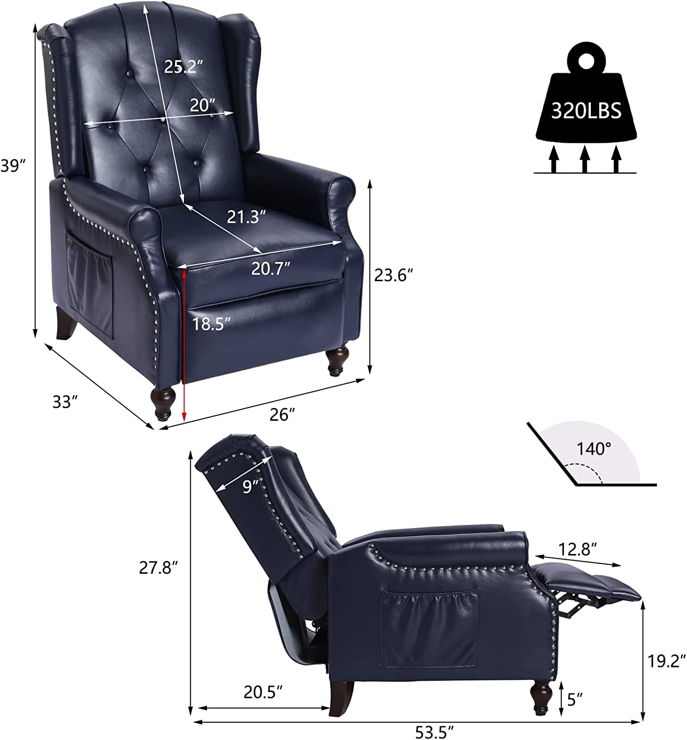 Wingback Recliner Chair with Massage and Heat (PU Leather)-2