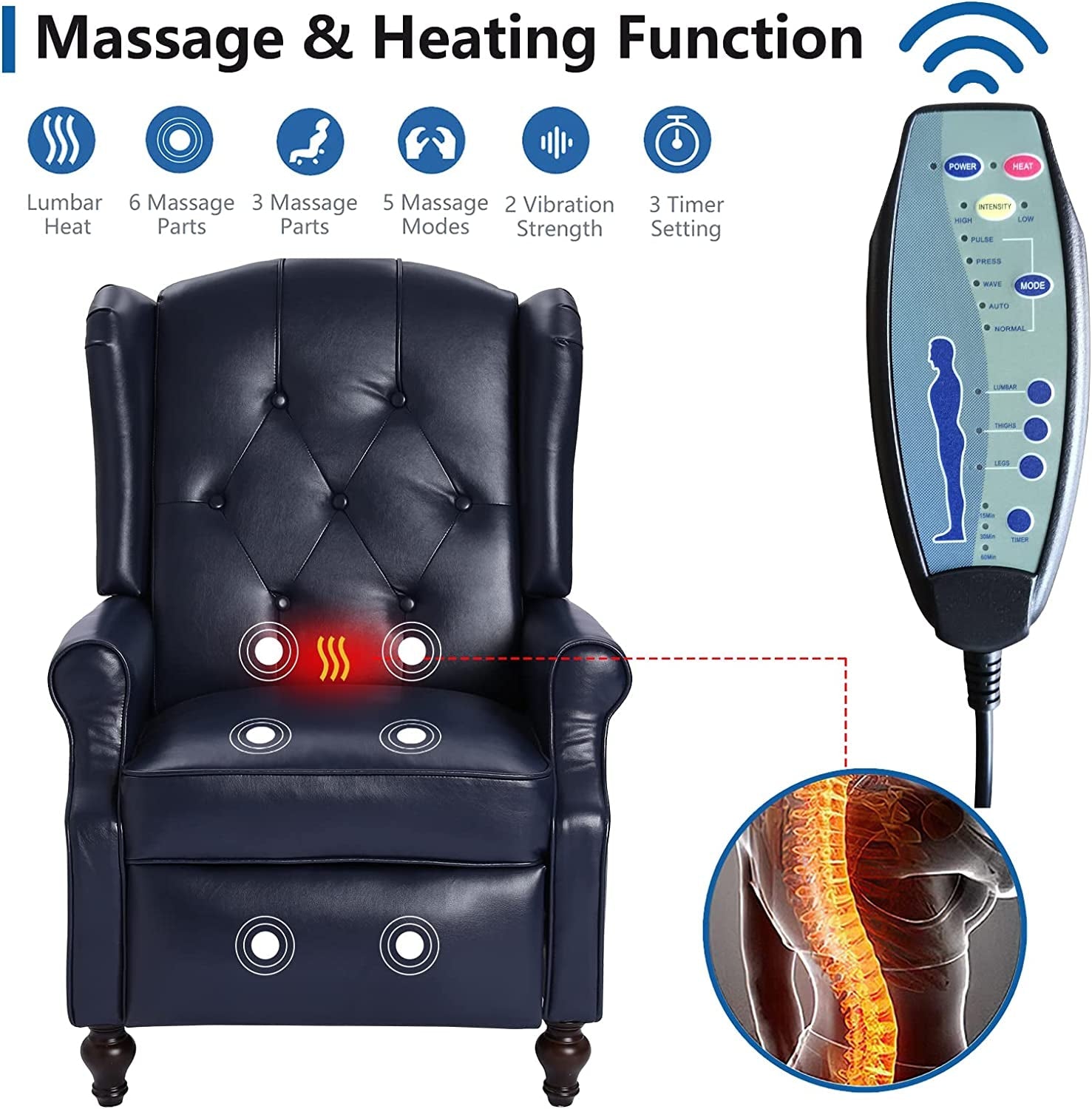 Wingback Recliner Chair with Massage and Heat (PU Leather)-3
