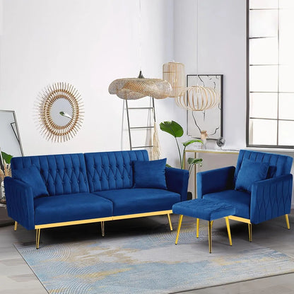 2 Pieces Velvet Futon Sofa Set with Adjustable Backrests and Armrests, 70” Convertible Sofa Bed & Tufted Accent Chair with Ottoman for Living Room, Blue-0