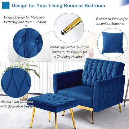 2 Pieces Velvet Futon Sofa Set with Adjustable Backrests and Armrests, 70” Convertible Sofa Bed & Tufted Accent Chair with Ottoman for Living Room, Blue-2