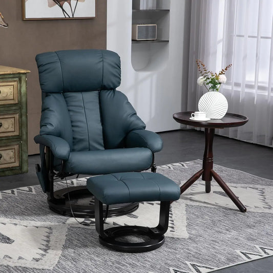 Massage Recliner Chair with Ottoman, 360° Swivel Recliner and Footstool, PU Leather Reclining Chair with Side Pocket and Remote Control, Blue-1