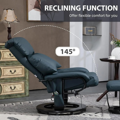 Massage Recliner Chair with Ottoman, 360° Swivel Recliner and Footstool, PU Leather Reclining Chair with Side Pocket and Remote Control, Blue-4