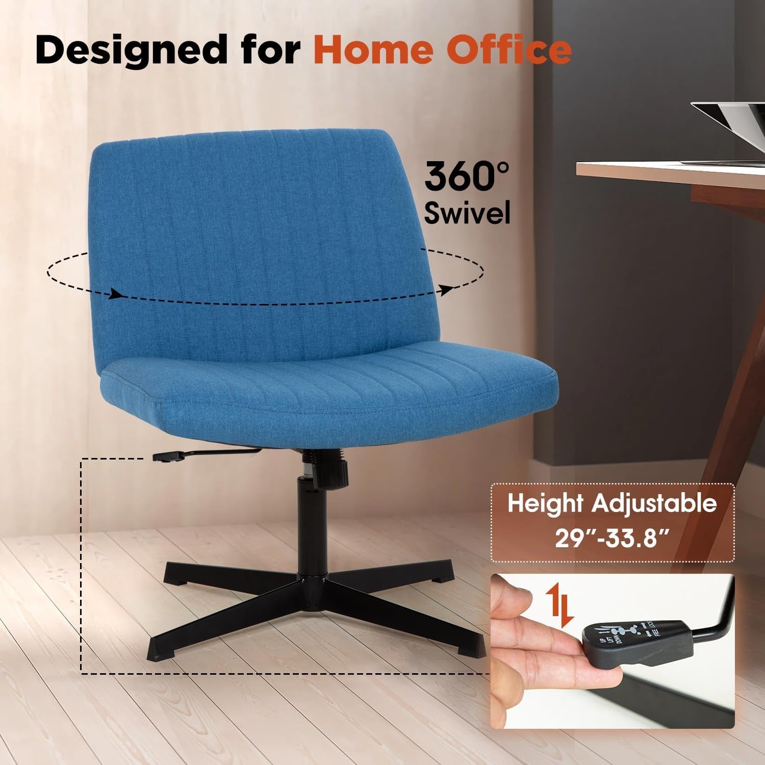 Criss Cross Chair,Armless Cross Legged Office Chair,Wide Comfty Desk Chair with No Wheels Modern Height Adjustable,Swivel Fabric Vanity Chair Computer Task Chair (Pack of 1, Blue)-3