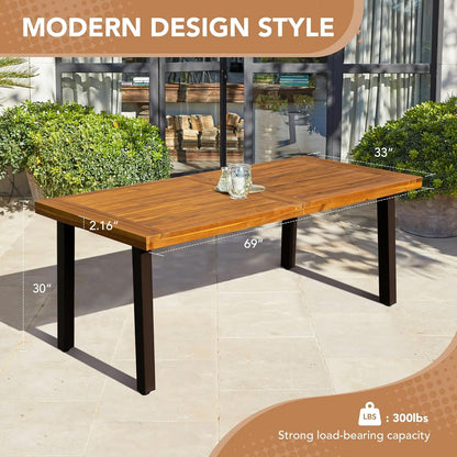Home Acacia Wood Dining Table 6-Person Indoor Outdoor Table with Iron Legs, Sandblast Finish, Natural Stained, Rustic Metal, 69 * 33 * 30 Inch (Natural)-2