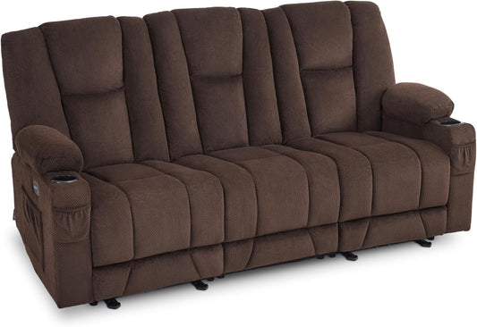 Power Reclining Sofa with Heat and Vibration,Usb Ports, Cup Holders,3-Seat Dual Recliner Sofa for Living Room 6015(Brown)-0