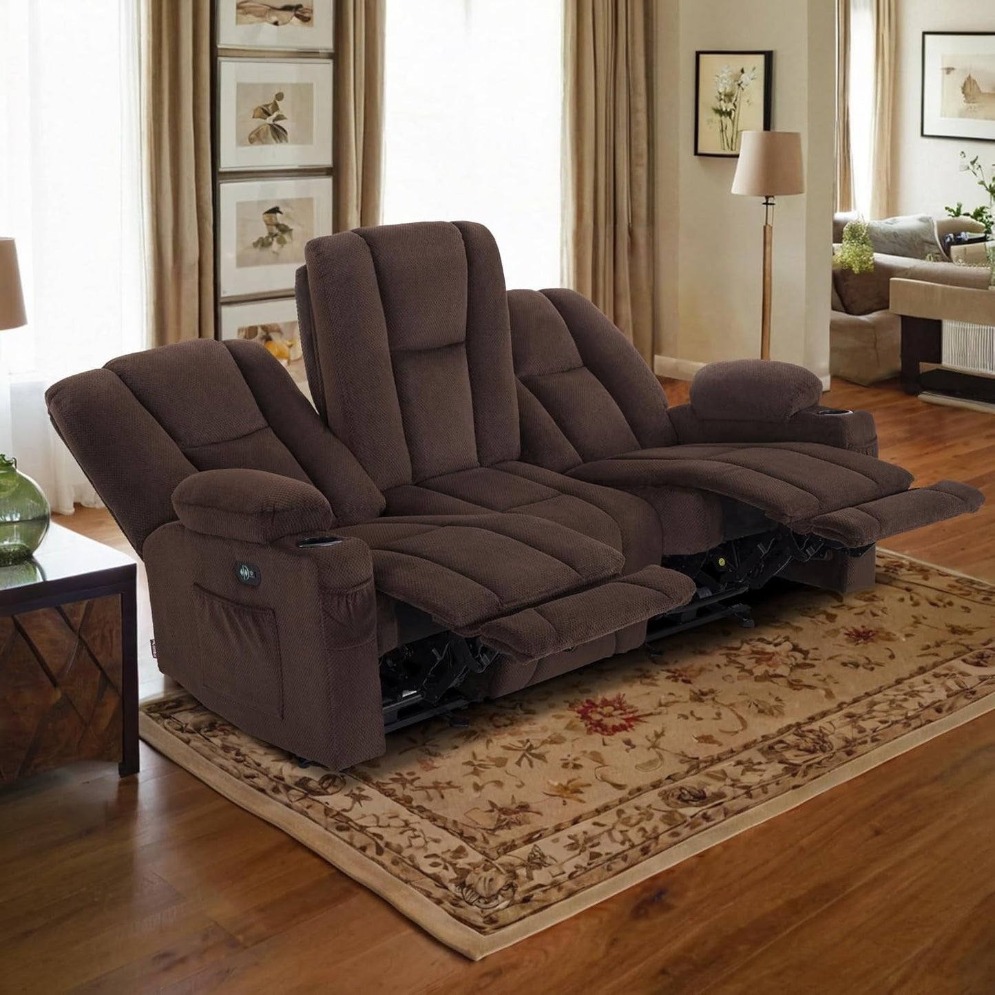 Power Reclining Sofa with Heat and Vibration,Usb Ports, Cup Holders,3-Seat Dual Recliner Sofa for Living Room 6015(Brown)-1