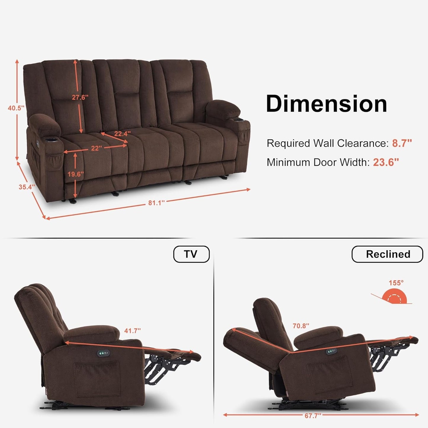 Power Reclining Sofa with Heat and Vibration,Usb Ports, Cup Holders,3-Seat Dual Recliner Sofa for Living Room 6015(Brown)-2