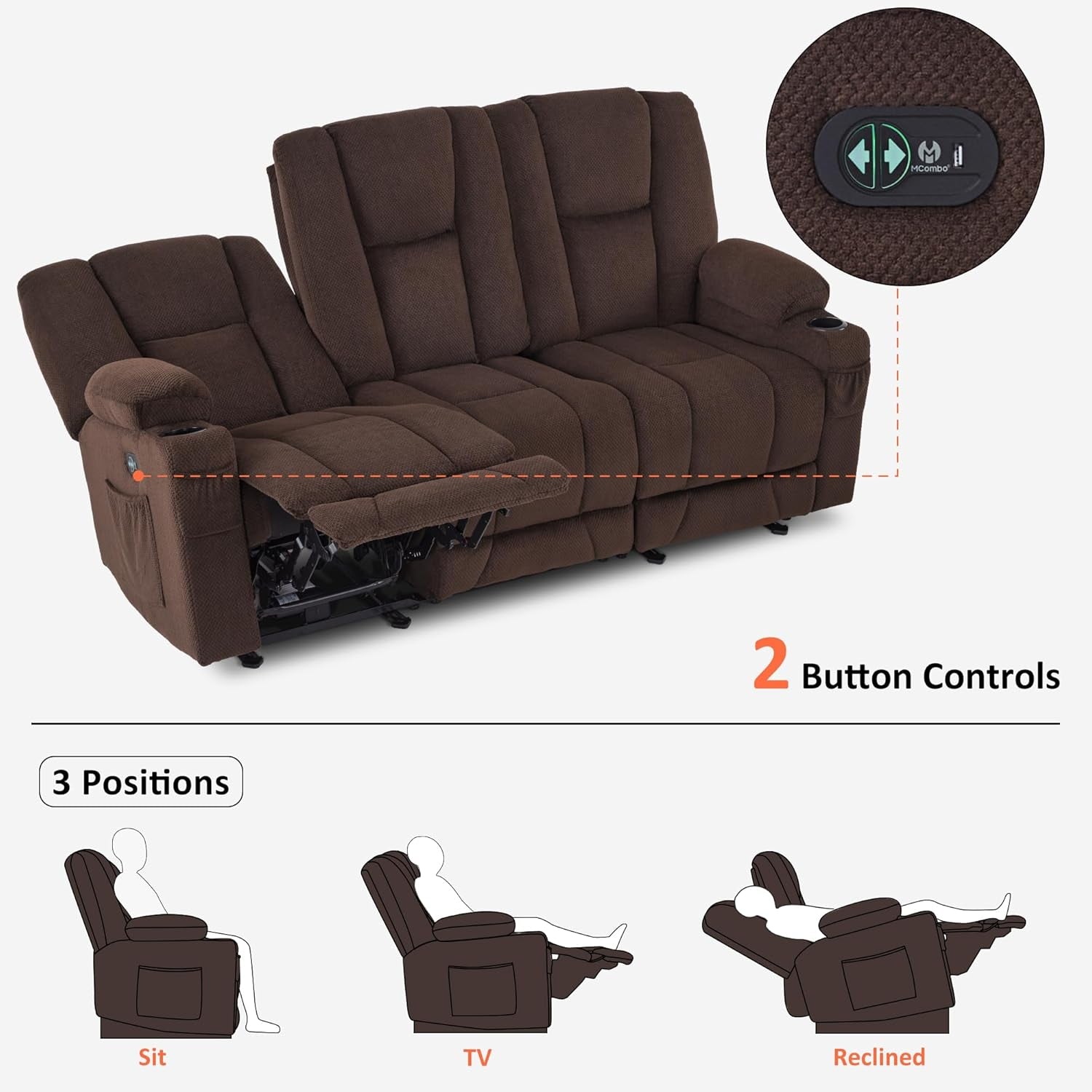 Power Reclining Sofa with Heat and Vibration,Usb Ports, Cup Holders,3-Seat Dual Recliner Sofa for Living Room 6015(Brown)-3