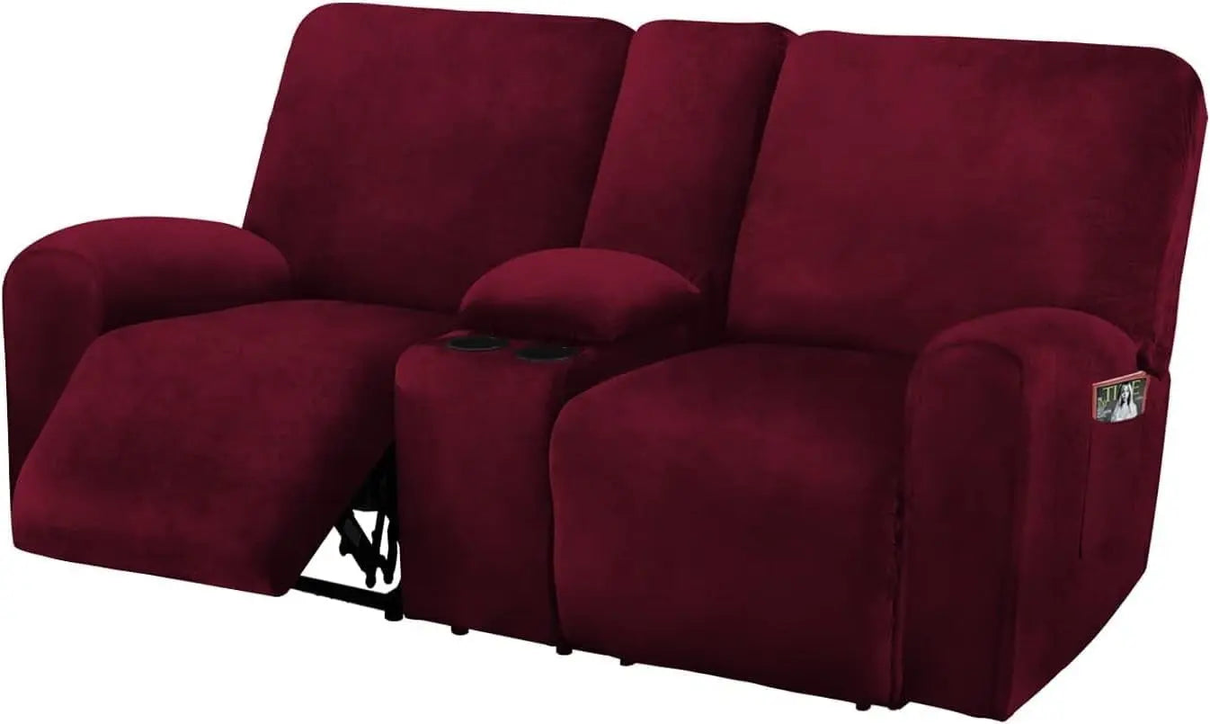 Reclining Love Seat with Middle Console Slipcover, 8-Piece Velvet Stretch Loveseat Reclining Sofa Covers, 2 Seat Loveseat Recliner Cover, Thick, Soft, Washable, Loveseat Slipcovers (Burgundy - Wine)-0