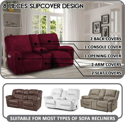 Reclining Love Seat with Middle Console Slipcover, 8-Piece Velvet Stretch Loveseat Reclining Sofa Covers, 2 Seat Loveseat Recliner Cover, Thick, Soft, Washable, Loveseat Slipcovers (Burgundy - Wine)-1