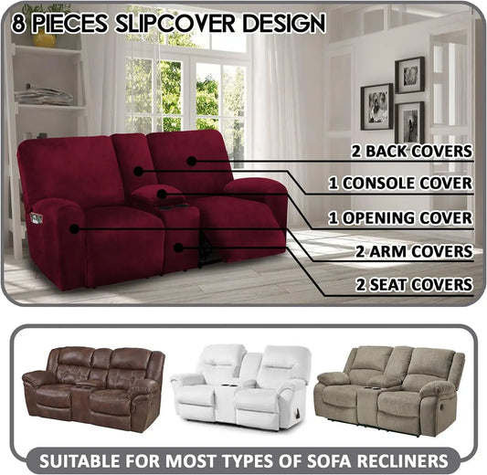 Reclining Love Seat with Middle Console Slipcover, 8-Piece Velvet Stretch Loveseat Reclining Sofa Covers, 2 Seat Loveseat Recliner Cover, Thick, Soft, Washable, Loveseat Slipcovers (Burgundy - Wine)-1