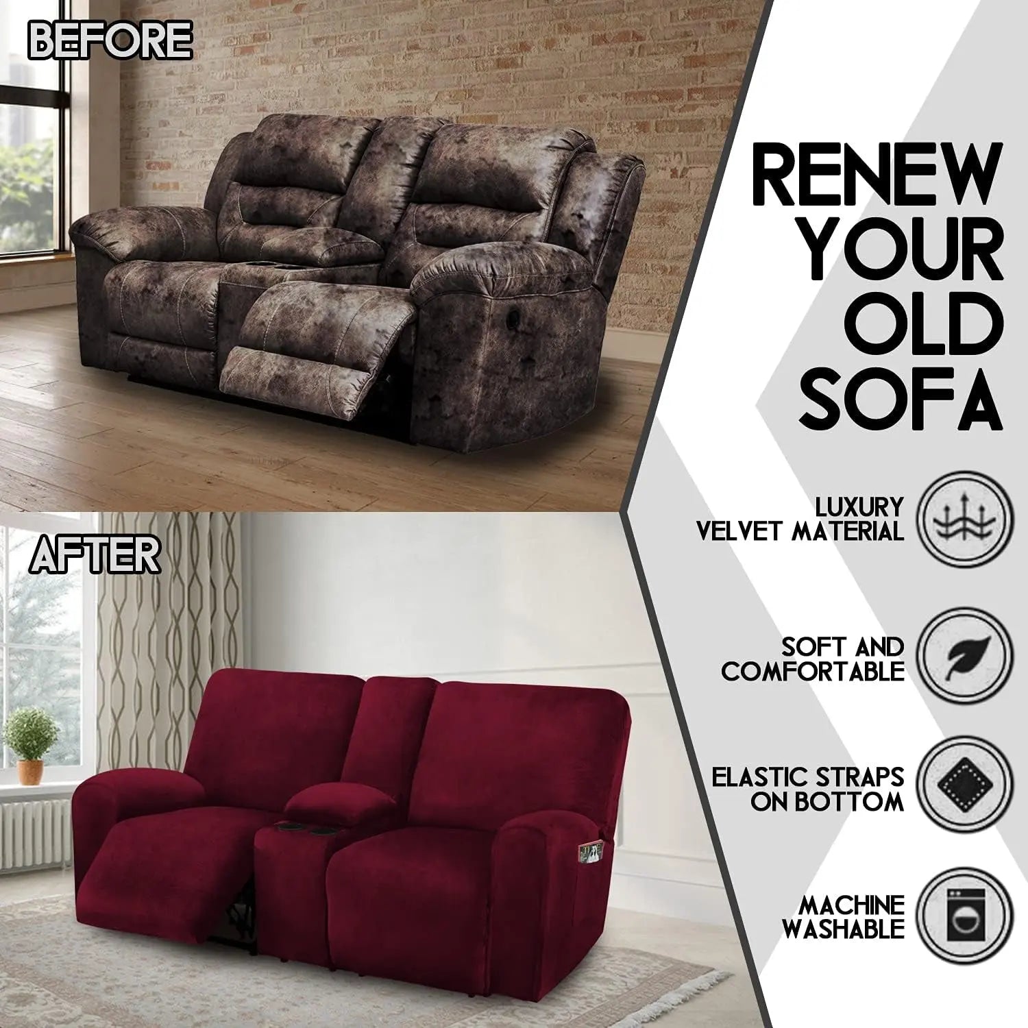Reclining Love Seat with Middle Console Slipcover, 8-Piece Velvet Stretch Loveseat Reclining Sofa Covers, 2 Seat Loveseat Recliner Cover, Thick, Soft, Washable, Loveseat Slipcovers (Burgundy - Wine)-2