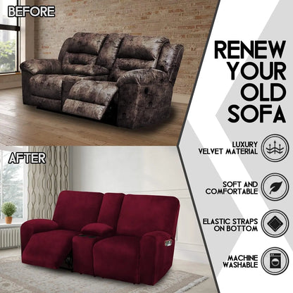 Reclining Love Seat with Middle Console Slipcover, 8-Piece Velvet Stretch Loveseat Reclining Sofa Covers, 2 Seat Loveseat Recliner Cover, Thick, Soft, Washable, Loveseat Slipcovers (Burgundy - Wine)-2