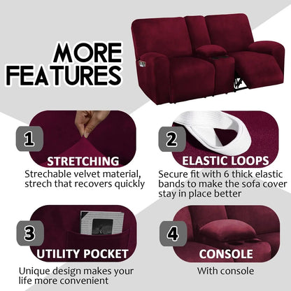 Reclining Love Seat with Middle Console Slipcover, 8-Piece Velvet Stretch Loveseat Reclining Sofa Covers, 2 Seat Loveseat Recliner Cover, Thick, Soft, Washable, Loveseat Slipcovers (Burgundy - Wine)-3