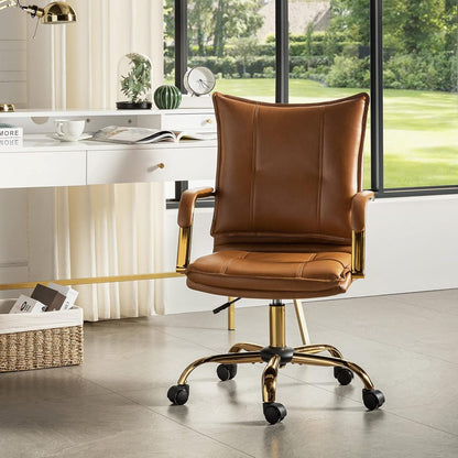 Faux Leather Home Office Desk Chair, Adjustable Swivel Computer Chair with Golden Legs and Arms, Comfy Upholstered Task Chair,Camel-0