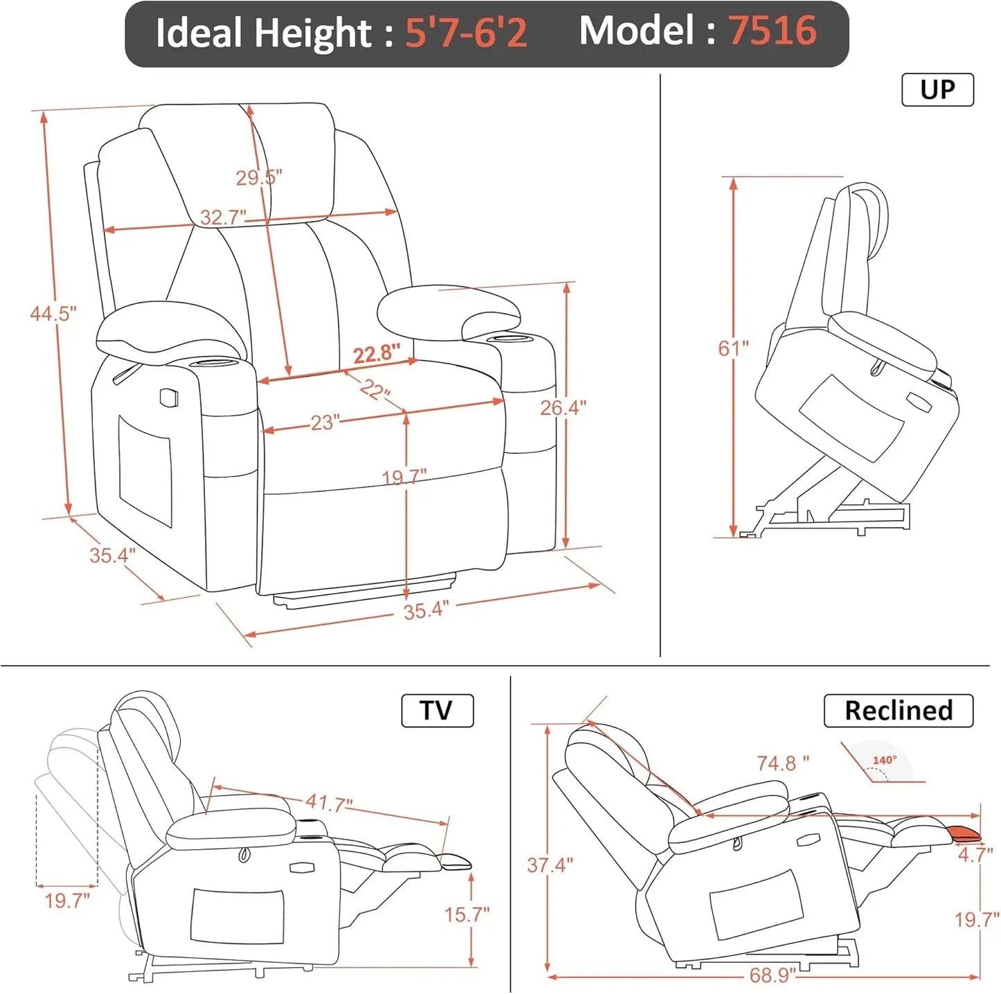 Large Power Lift Recliner Chair Sofa with Massage and Heat for Big and Tall Elderly People, 3 Positions, Cup Holders, and USB Ports, Extended Footrest, Fabric 7516(Large,Carmine Red)-2