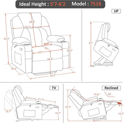 Large Power Lift Recliner Chair Sofa with Massage and Heat for Big and Tall Elderly People, 3 Positions, Cup Holders, and USB Ports, Extended Footrest, Fabric 7516(Large,Carmine Red)-2