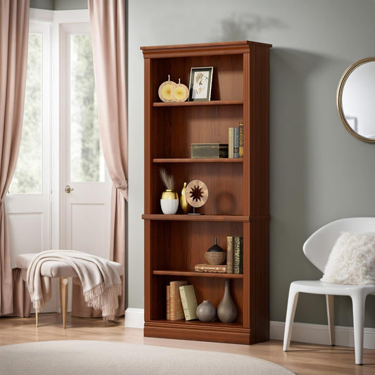 Bookcase Bookshelves, 5-Shelf Tall Bookcase 72" Wood Open Display Floor Bookshelf, Large Storage Organizer for Library, Bedroom, Living Room (Cherry)-0