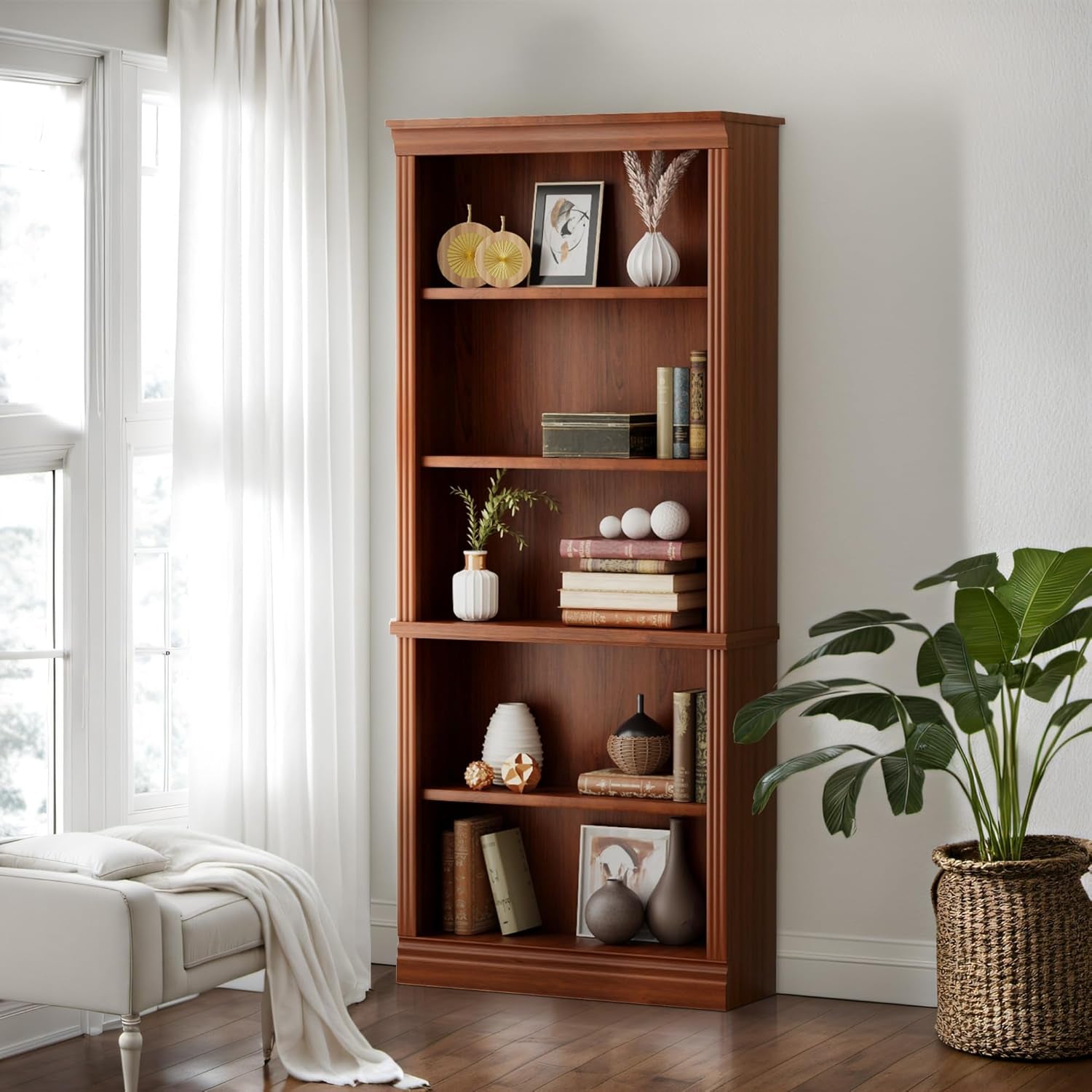 Bookcase Bookshelves, 5-Shelf Tall Bookcase 72" Wood Open Display Floor Bookshelf, Large Storage Organizer for Library, Bedroom, Living Room (Cherry)-2