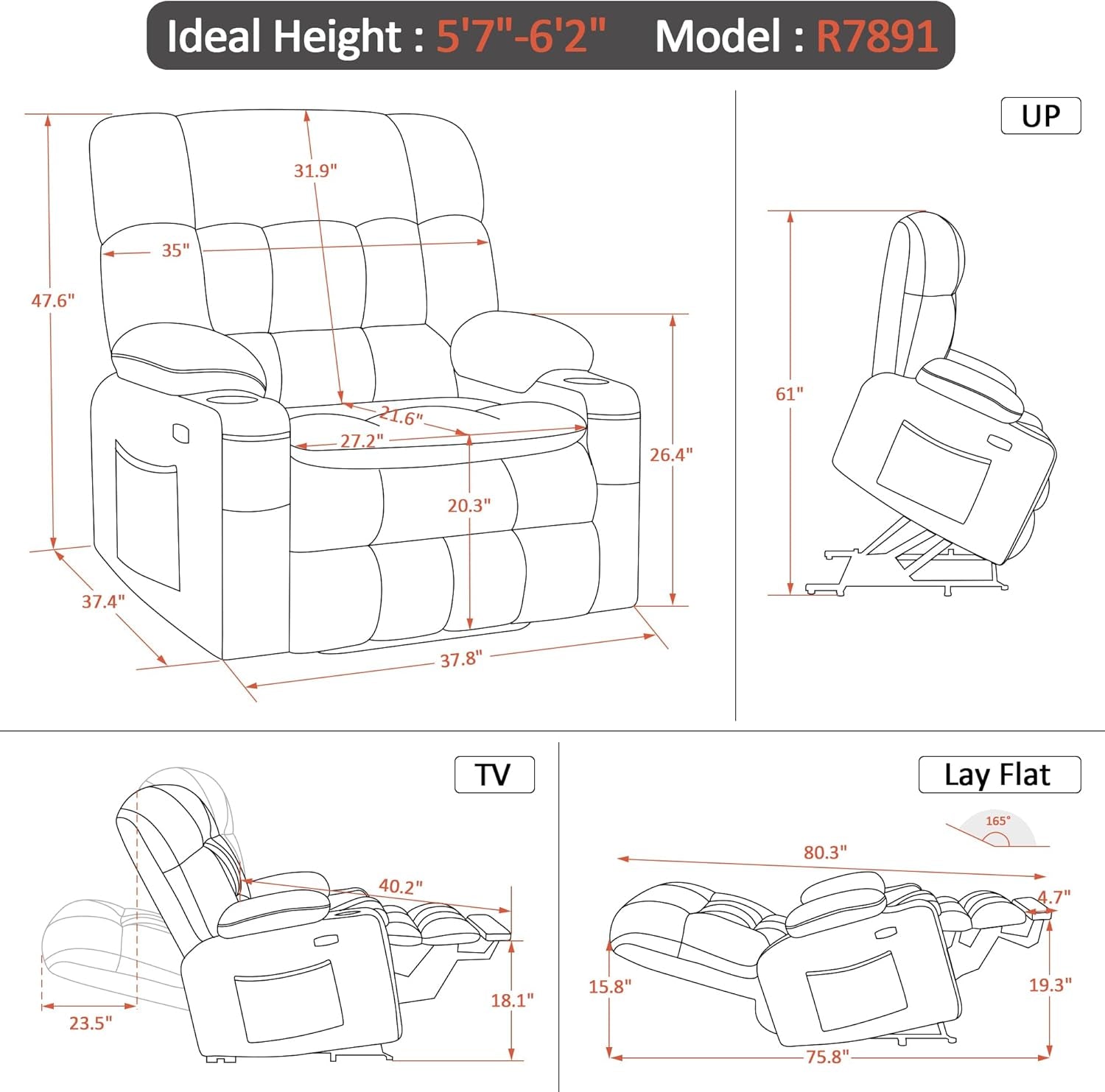 Large Dual Motor Power Lift Recliner Chair Sofa with Massage and Heat for Big Elderly People, Infinite Position, USB Ports, Fabric R7891 (Large-Wide, Coffee)-2