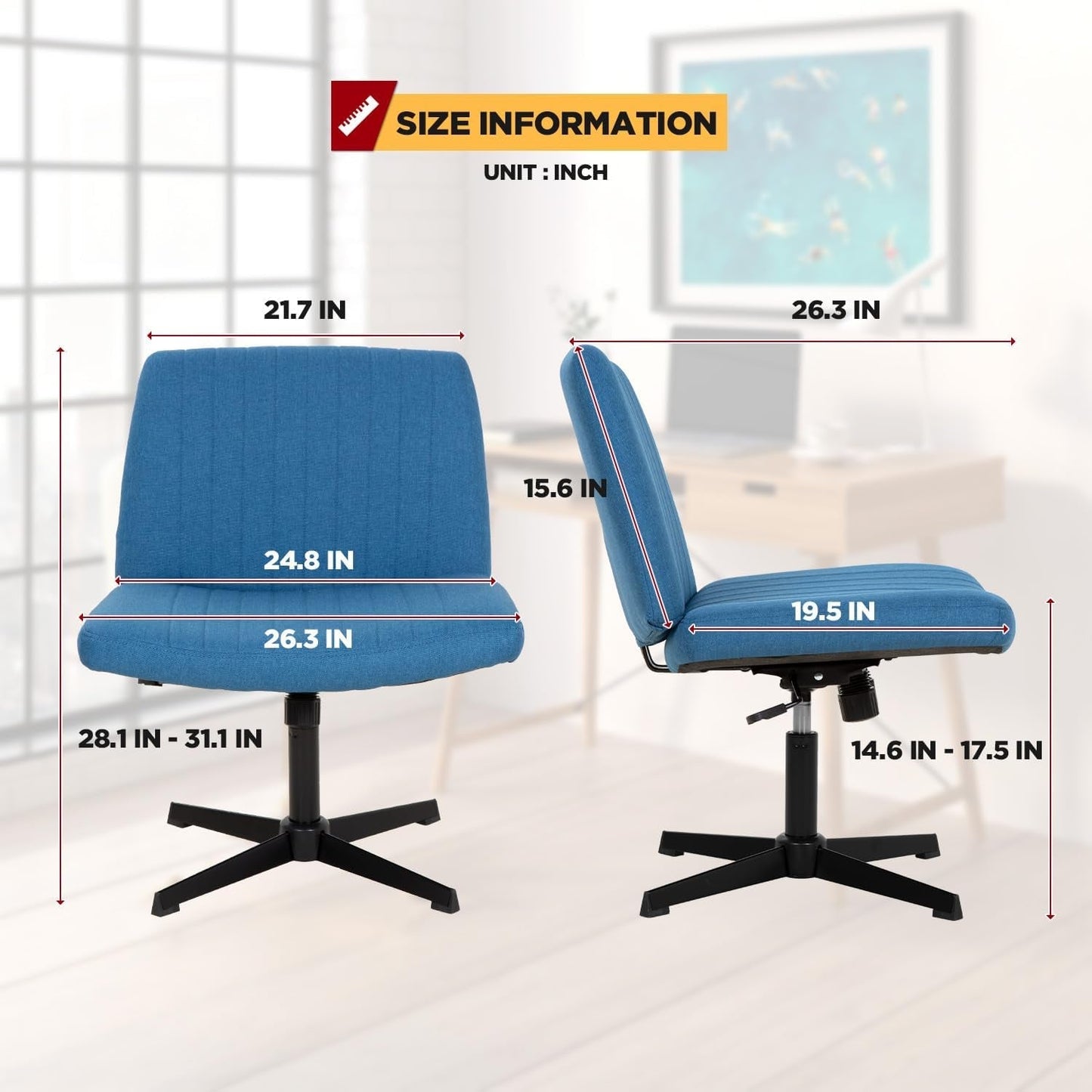 Criss Cross Chair,Armless Cross Legged Office Chair,Wide Comfty Desk Chair with No Wheels Modern Height Adjustable,Swivel Fabric Vanity Chair Computer Task Chair (Pack of 1, Dark Blue)-2
