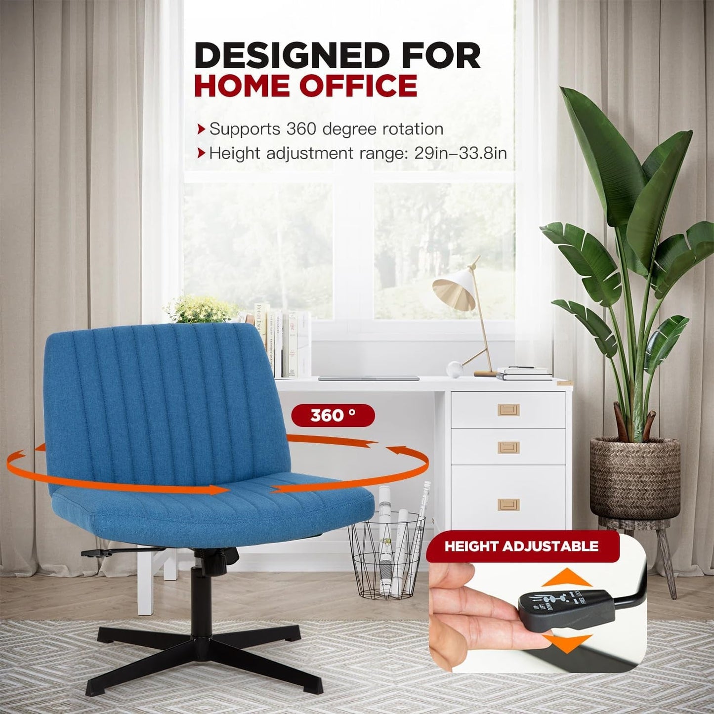 Criss Cross Chair,Armless Cross Legged Office Chair,Wide Comfty Desk Chair with No Wheels Modern Height Adjustable,Swivel Fabric Vanity Chair Computer Task Chair (Pack of 1, Dark Blue)-3