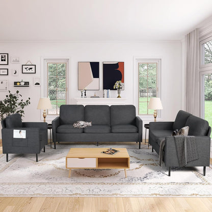 3 Piece Living Room Furniture Sets, 3 Seat Couch and Loveseat with 2 USB, Single Sofa Accent Chair, Modern Small Couches for Small Spaces, Bedroom (Dark Grey)-1